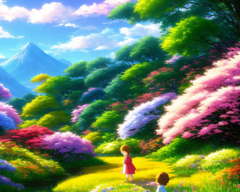 Scenic image of children in flower-filled path with mountain backdrop