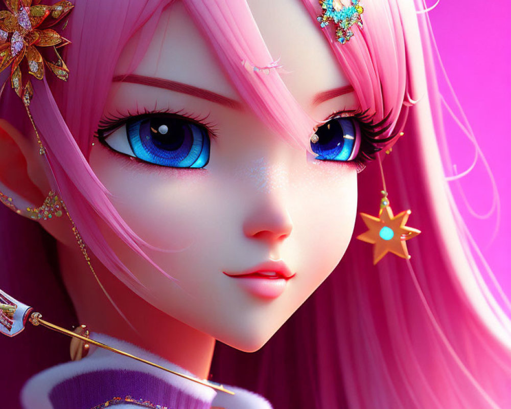 Character with Blue Eyes, Pink Hair, and Star Jewelry on Purple Background