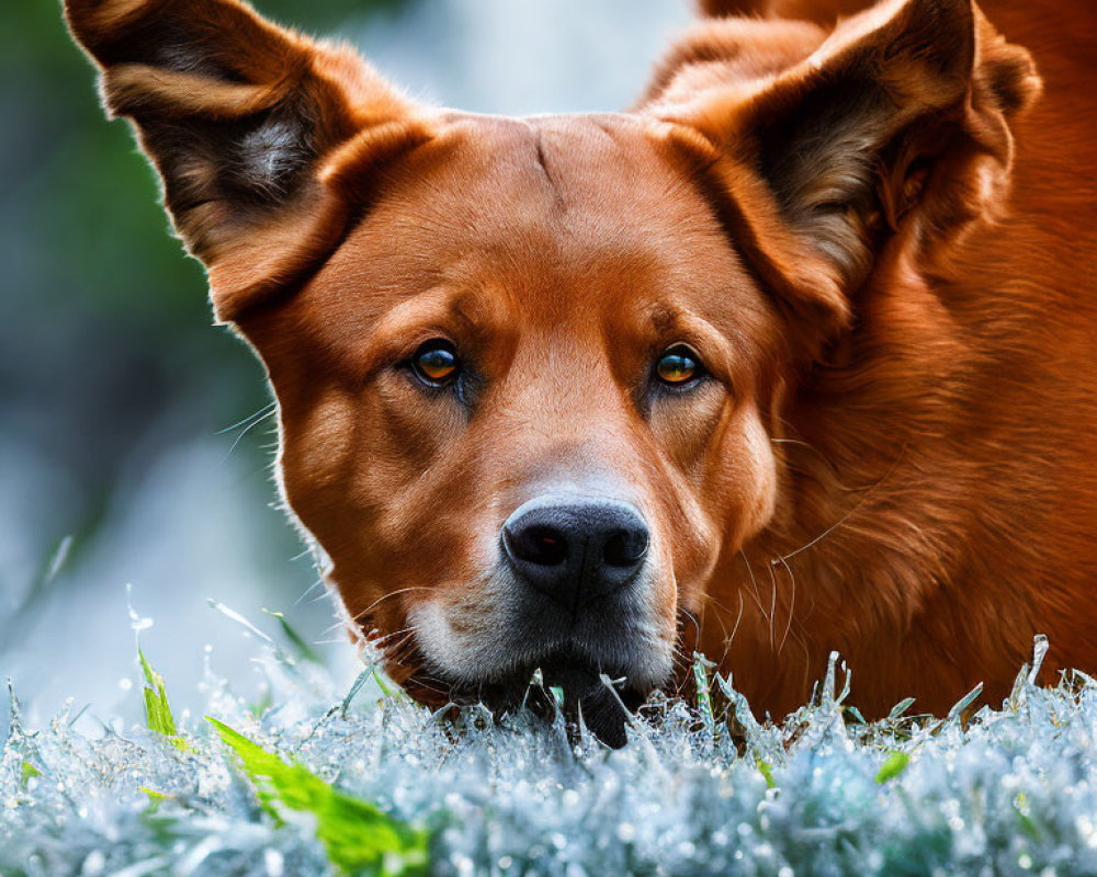 Brown Dog with Erect Ears and Soulful Eyes Lying on Grass