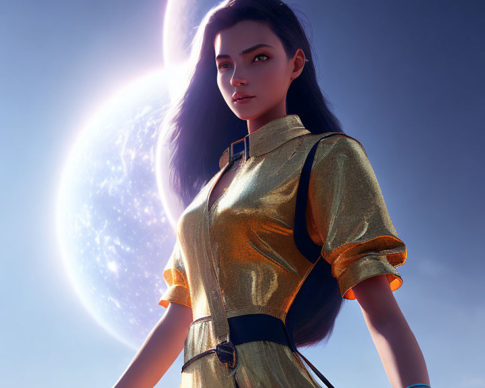 Digital rendering of woman in futuristic gold outfit with eclipse in vivid blue sky