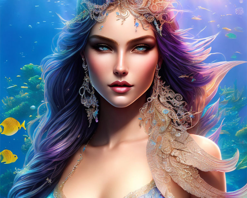 Fantasy mermaid illustration with blue and purple hair and intricate jewelry.