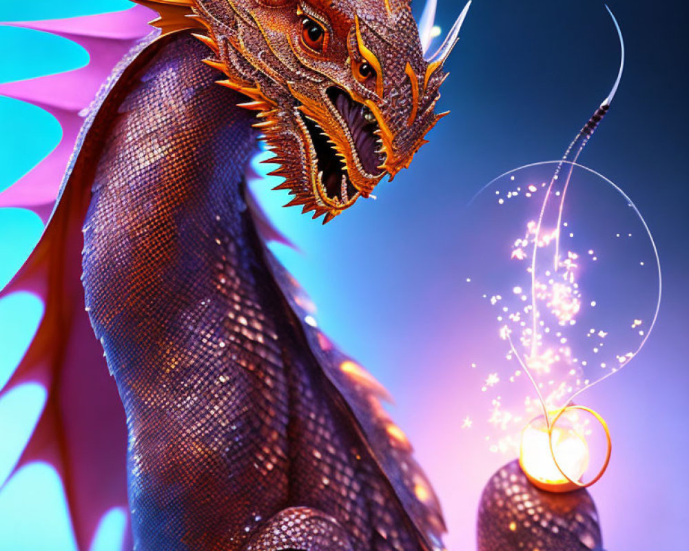 Orange Dragon with Scales and Horns on Blue-Purple Background