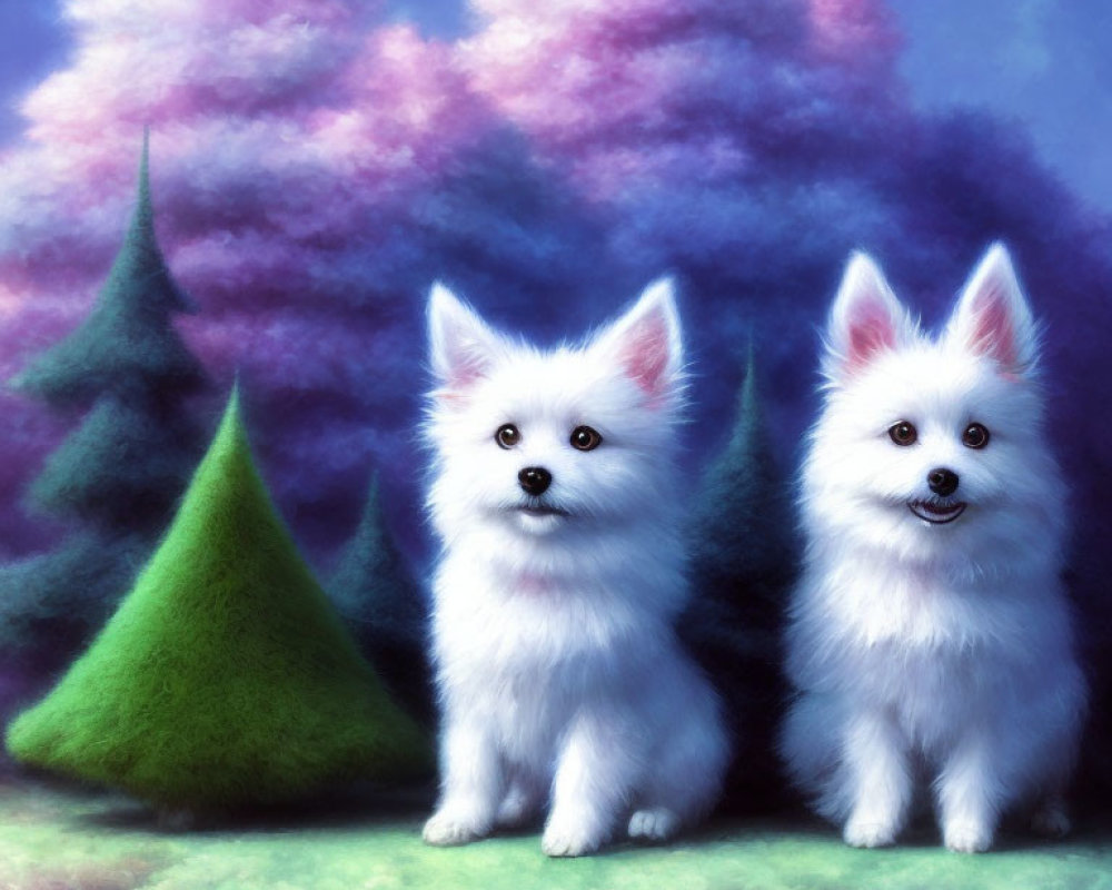 Fluffy white dogs in colorful tree setting under soft blue sky