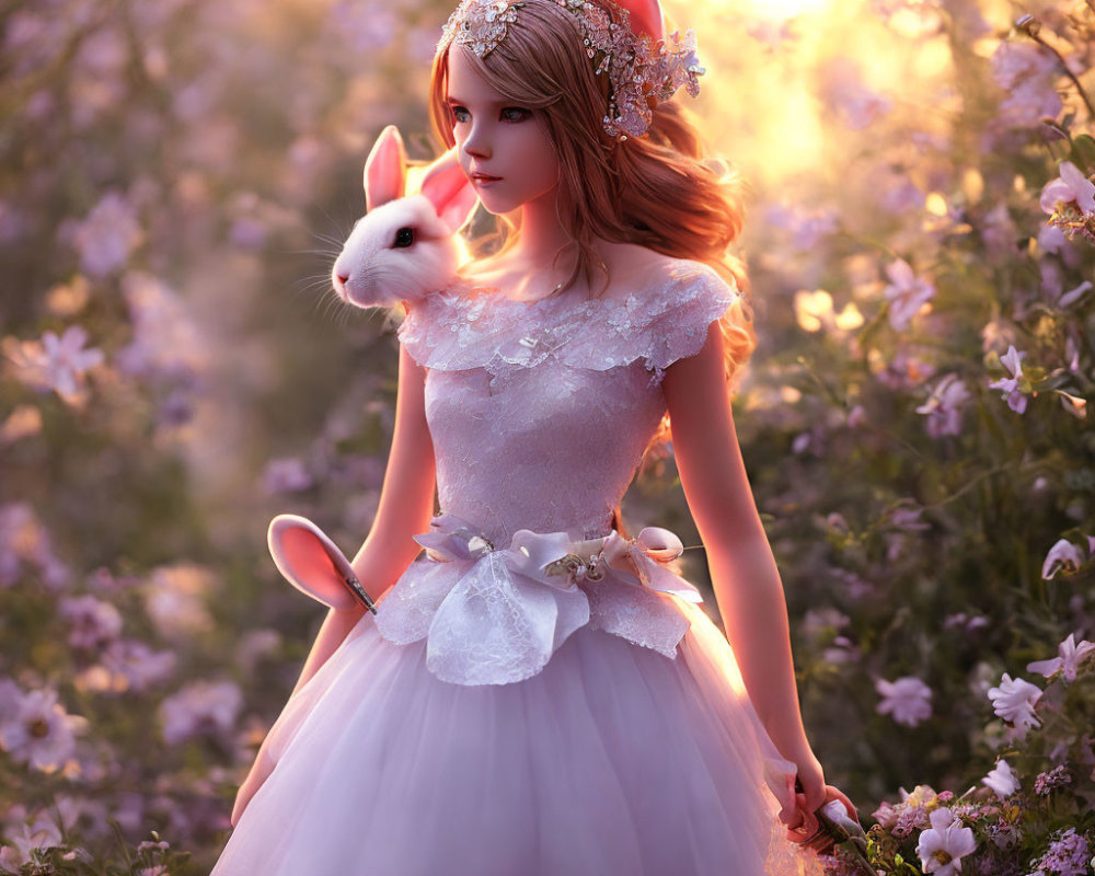 Doll-like figure in white lace dress with rabbit in flower field at sunset