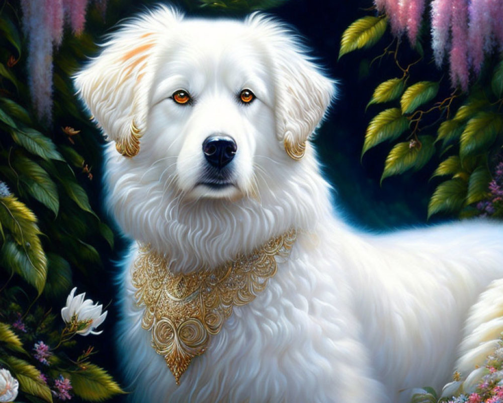 White Dog with Golden Eyes and Jewelry in Lush Pink Flower Background