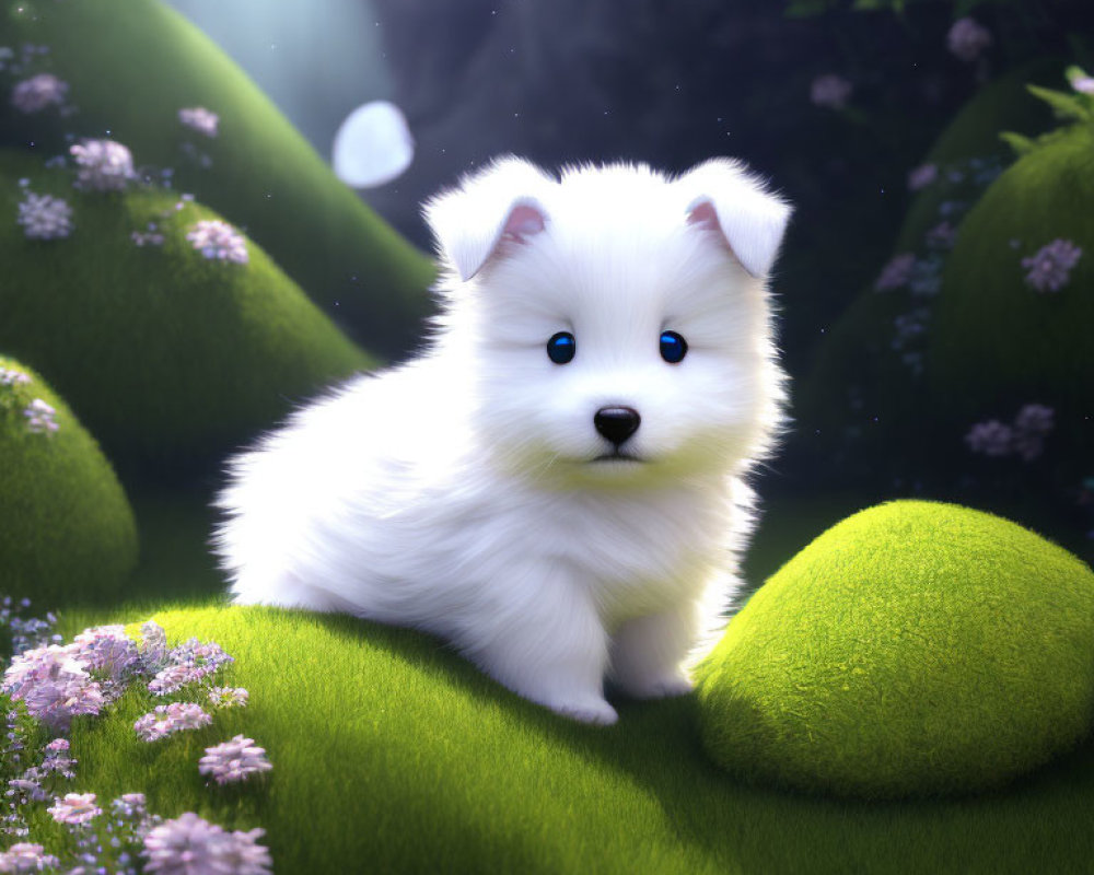 Fluffy White Puppy with Blue Eyes on Green Grass with Purple Flowers