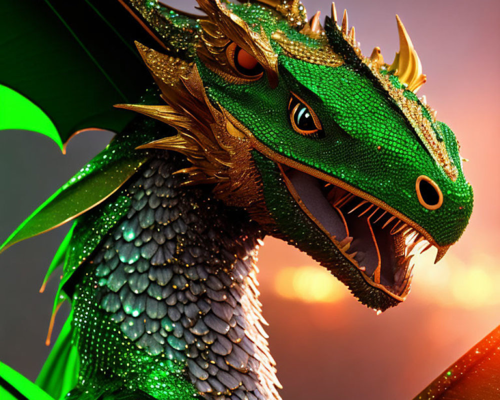 Detailed Illustration of Majestic Green Dragon with Scales and Horns