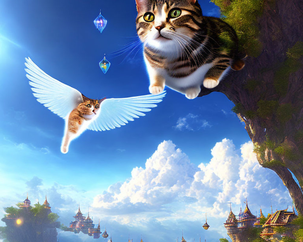 Fantasy scene: Flying cats with wings, gems, ethereal castles on floating islands in bright