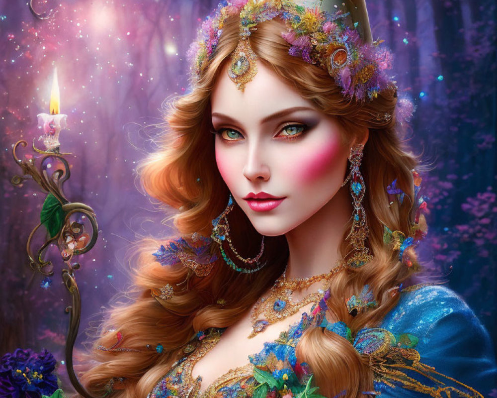 Vibrant medieval attire woman portrait in enchanting forest