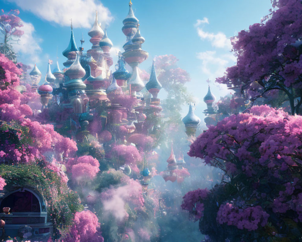 Fantasy landscape with pink blossoming trees, mist, and ornate castle under blue sky