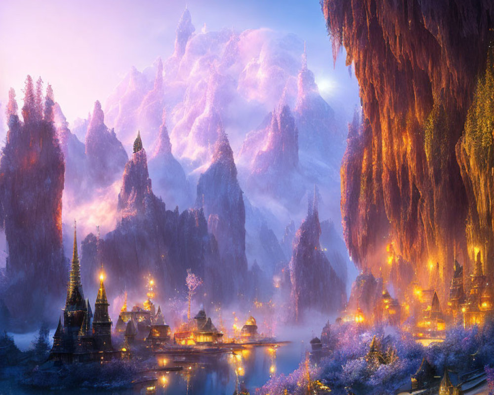 Mystical Valley with Illuminating Structures and Purple-tinted Mountains