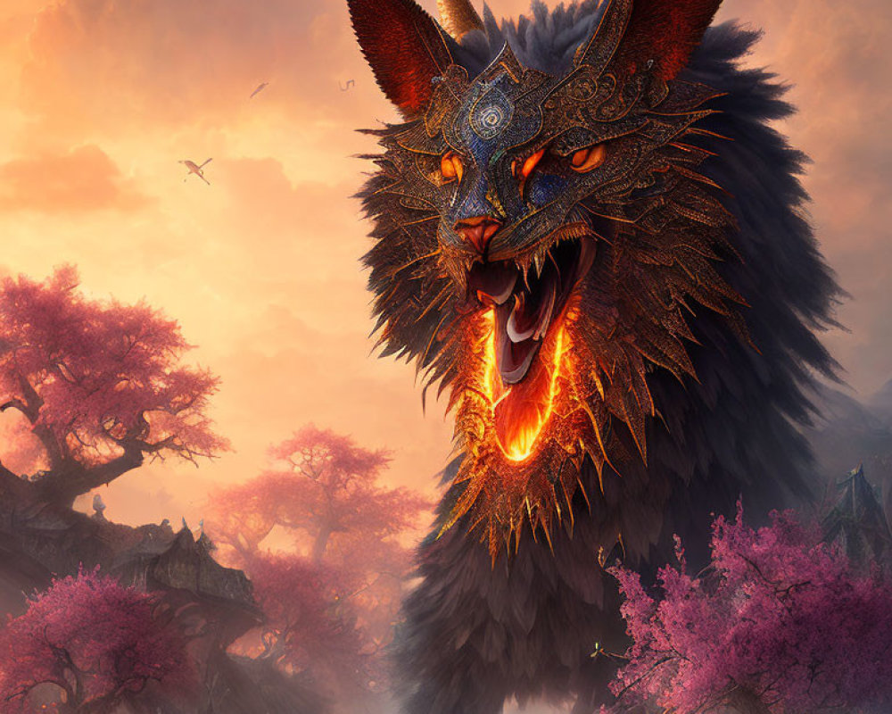 Majestic wolf with fiery eyes in mystical cherry blossom landscape