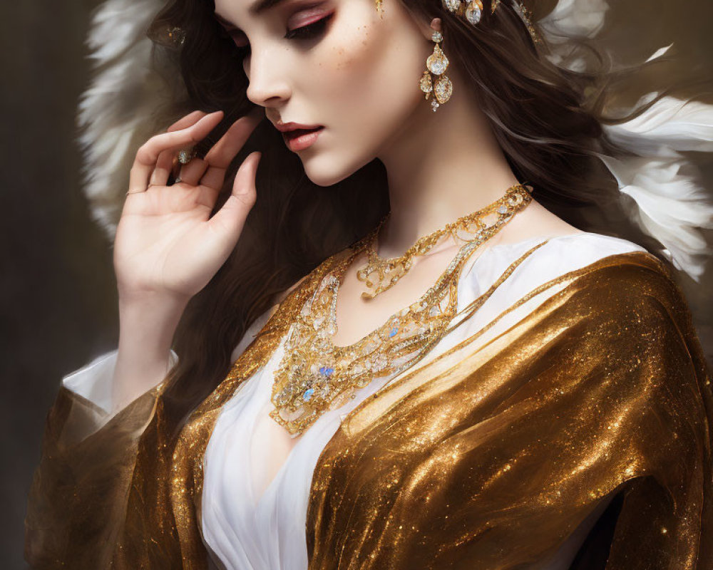 Ethereal woman with dark hair, golden wings, and regal attire.