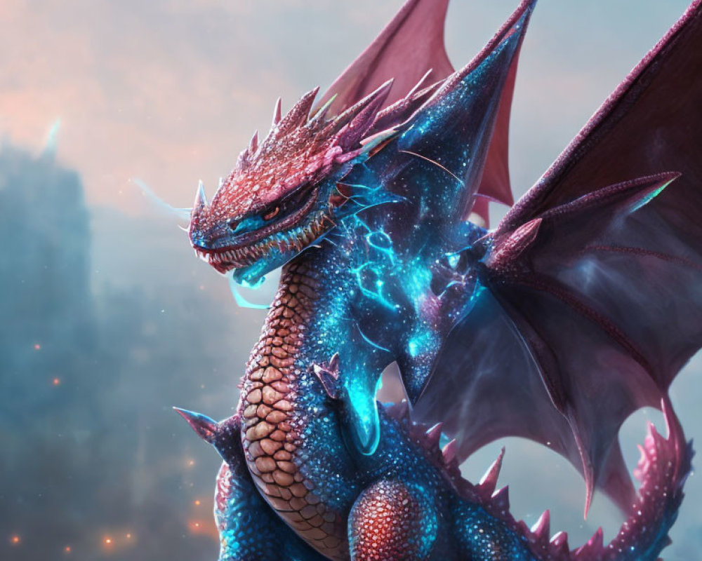 Blue dragon with pink spikes on rock against cityscape.