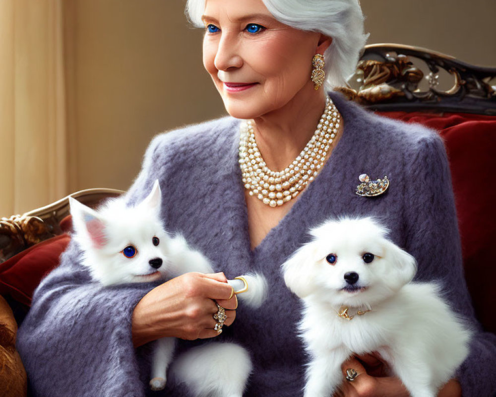 Elderly woman with white hair feeding fluffy white dogs on her lap