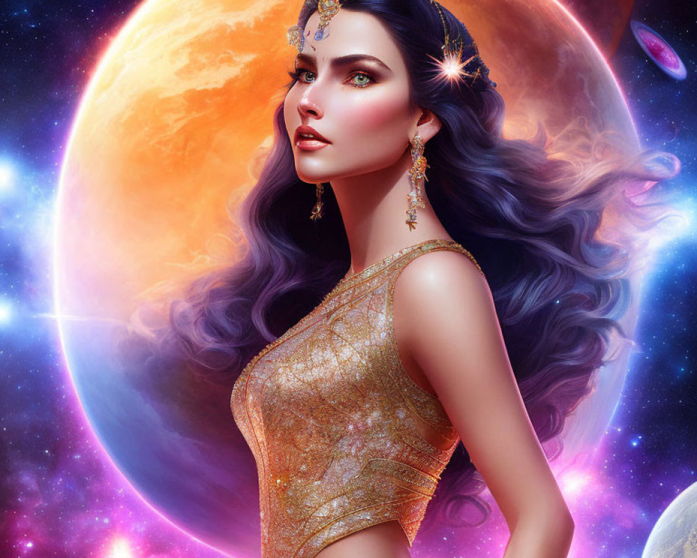 Dark-haired woman with celestial jewelry in cosmic setting