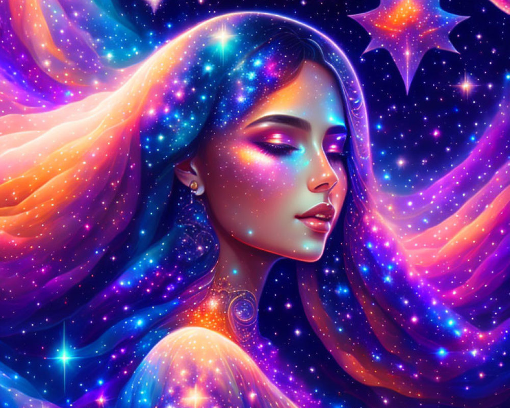 Illustration: Woman adorned with cosmic stars and galaxies, emitting celestial aura