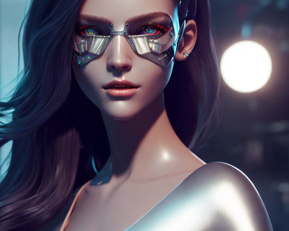 Digital artwork: Woman in futuristic glasses and shiny attire, serious expression, softly lit background