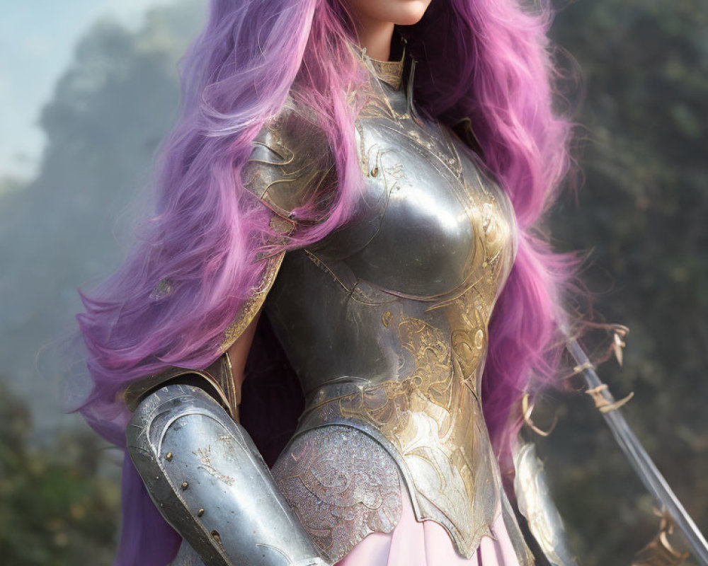 Purple-haired woman in ornate medieval armor against forest backdrop