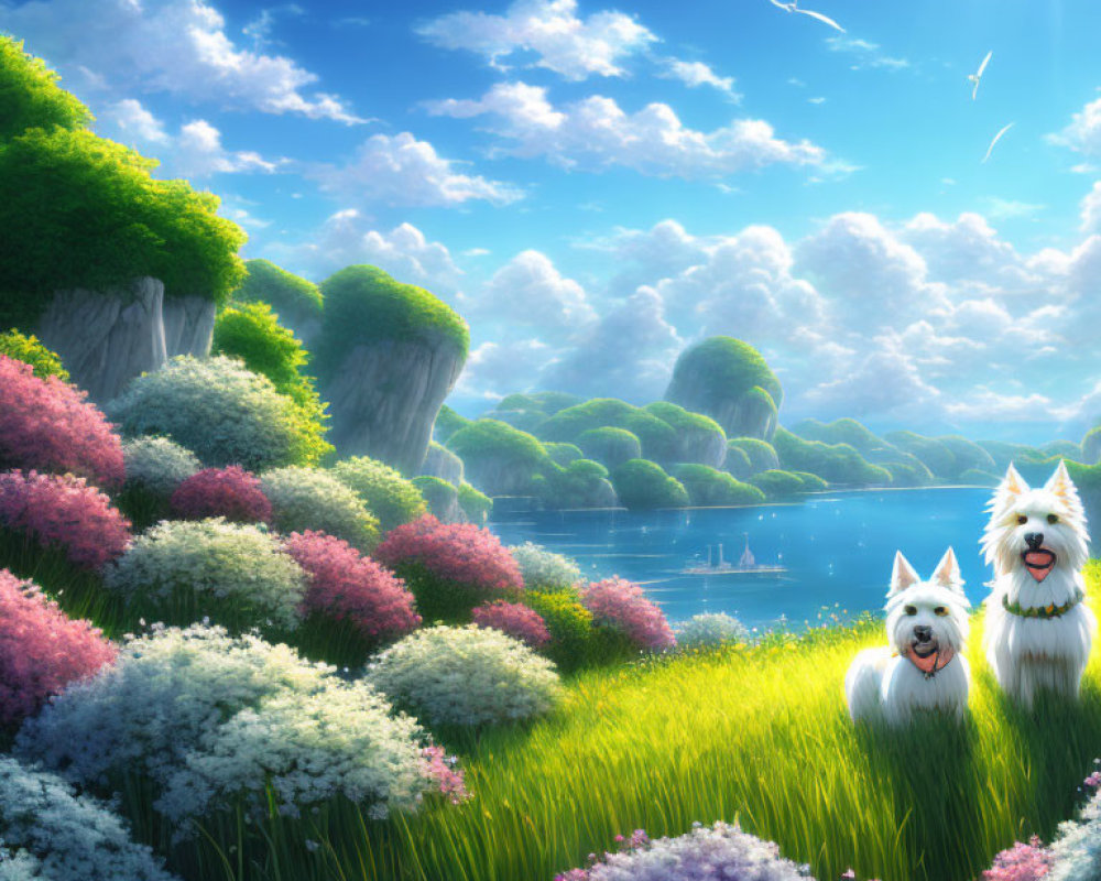 Tranquil landscape with flowers, smiling dogs, river, islands, and blue sky