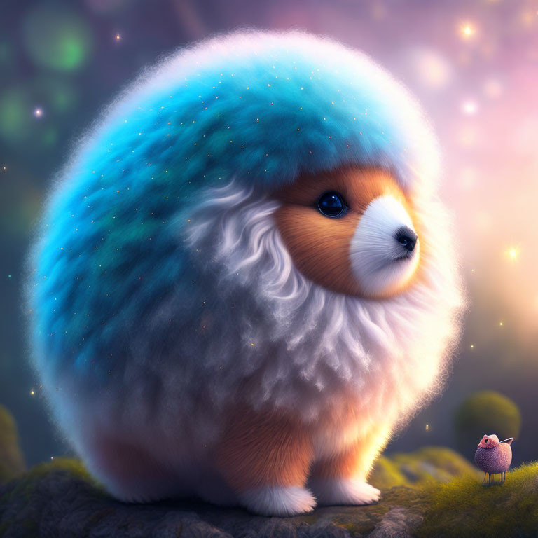 Fluffy dog and bird in galaxy-themed scene