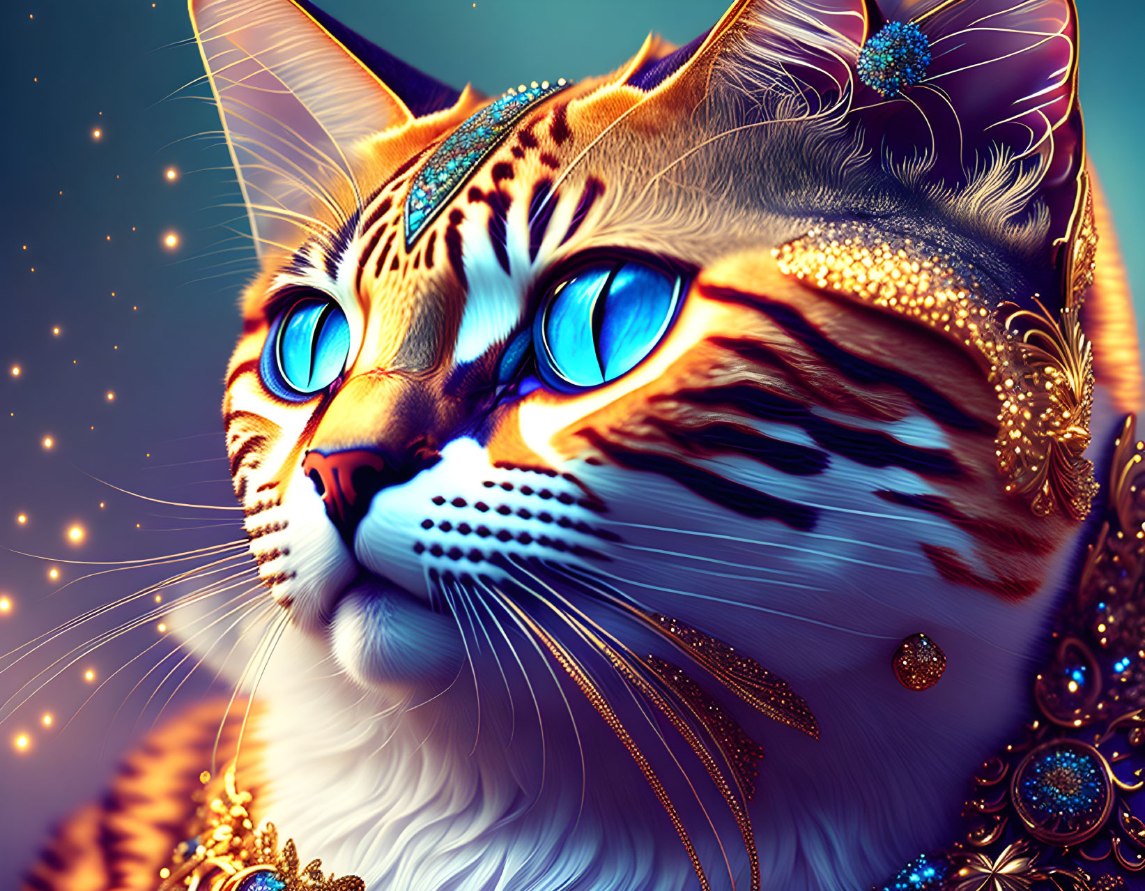 Majestic cat digital artwork with gold and jeweled accessories