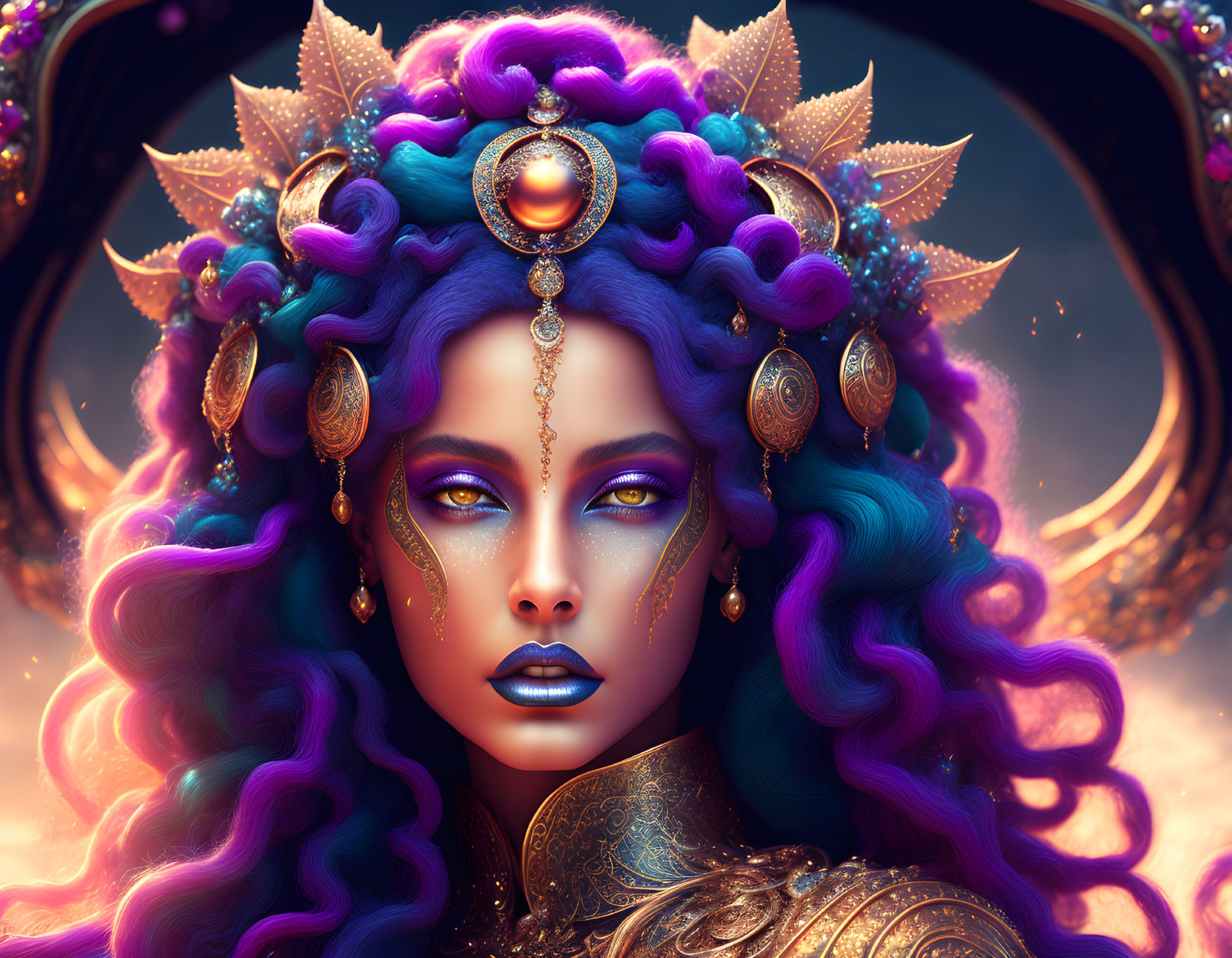 Fantasy portrait of woman with violet skin and golden headdress