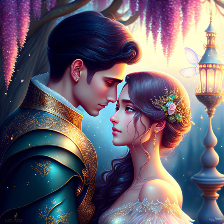 Romantic couple in ornate armor and delicate gown under twilight blooms