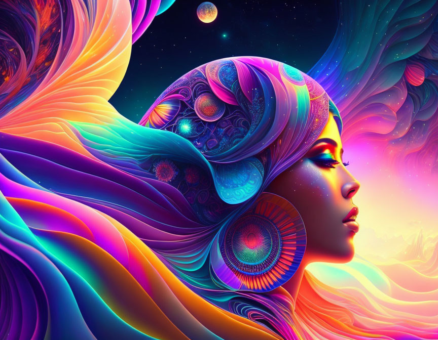 Colorful Profile View Woman with Flowing Hair in Psychedelic Background