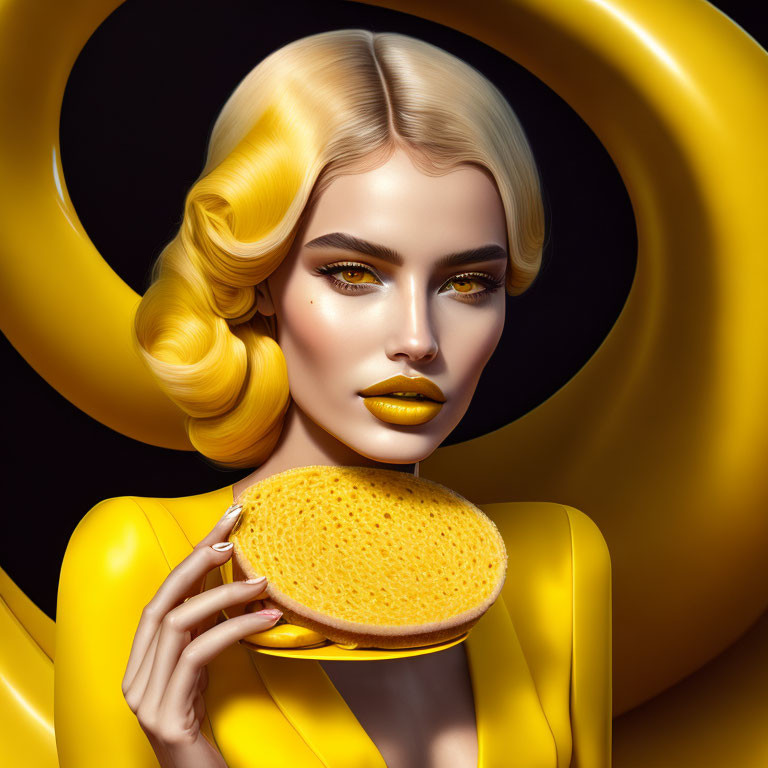 Stylized portrait of woman with bold yellow makeup and hair against circular backdrop