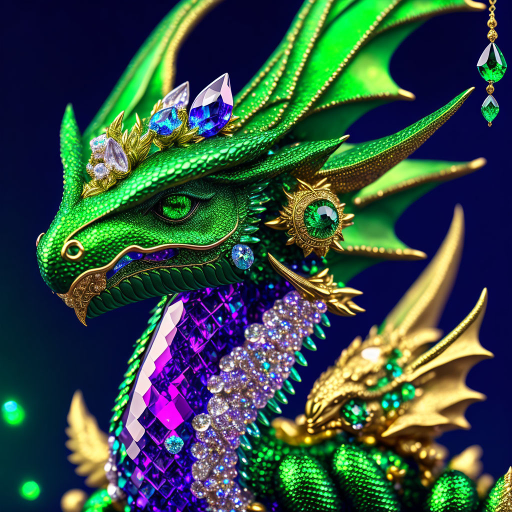 Vibrant Green and Gold Dragon with Gemstones and Intricate Details