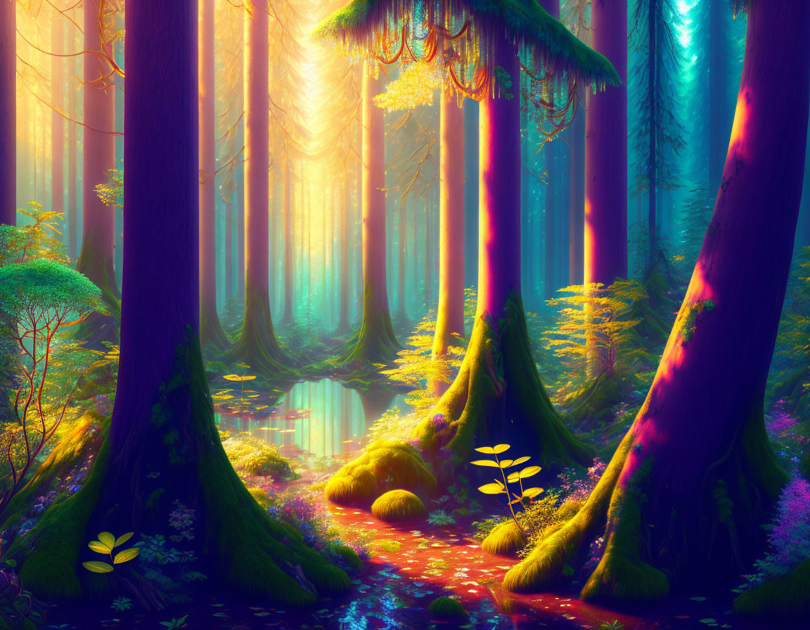 Vibrant Fantasy Forest with Neon Colors and Large Trees