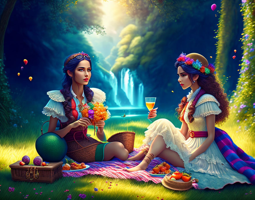 Two women enjoying a picnic in a vibrant forest clearing with fruits and drinks, waterfall in background