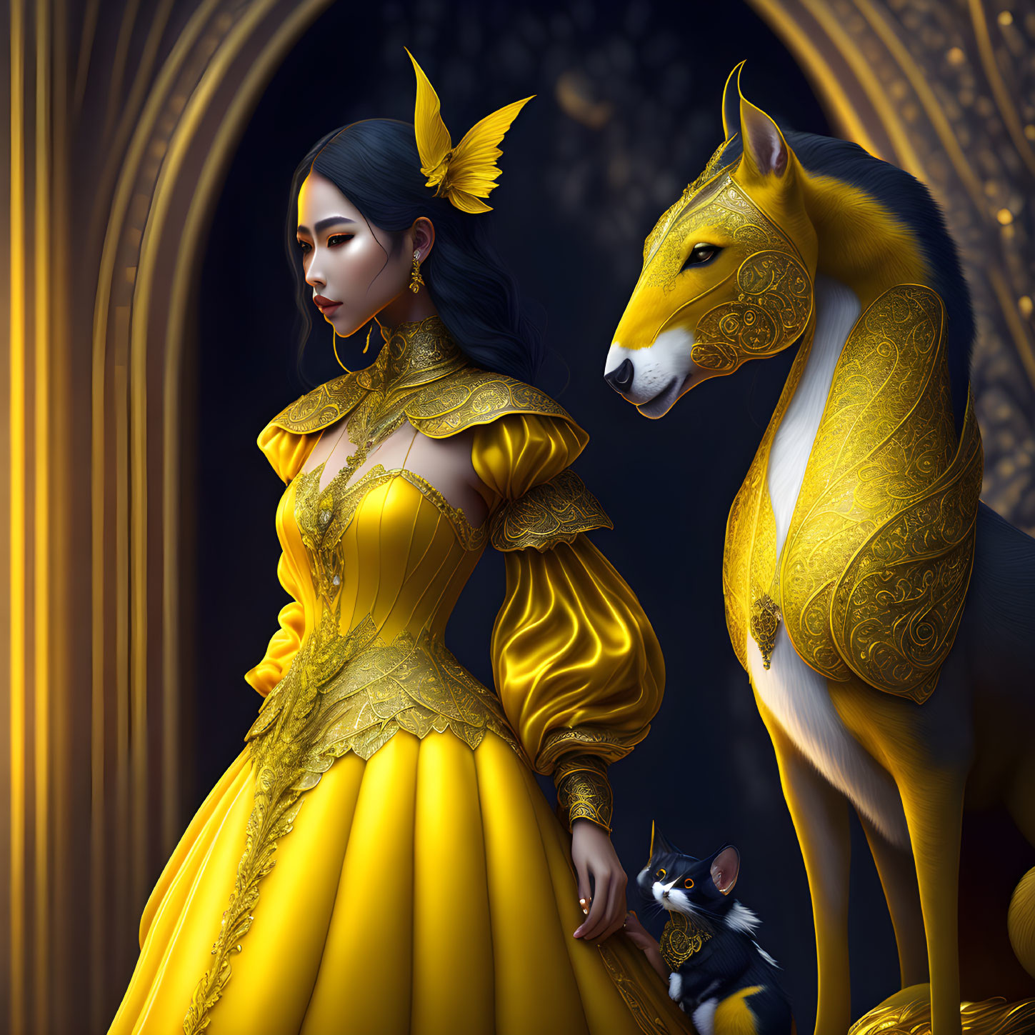 Golden dress woman with butterfly clip beside majestic golden dog and small mouse.