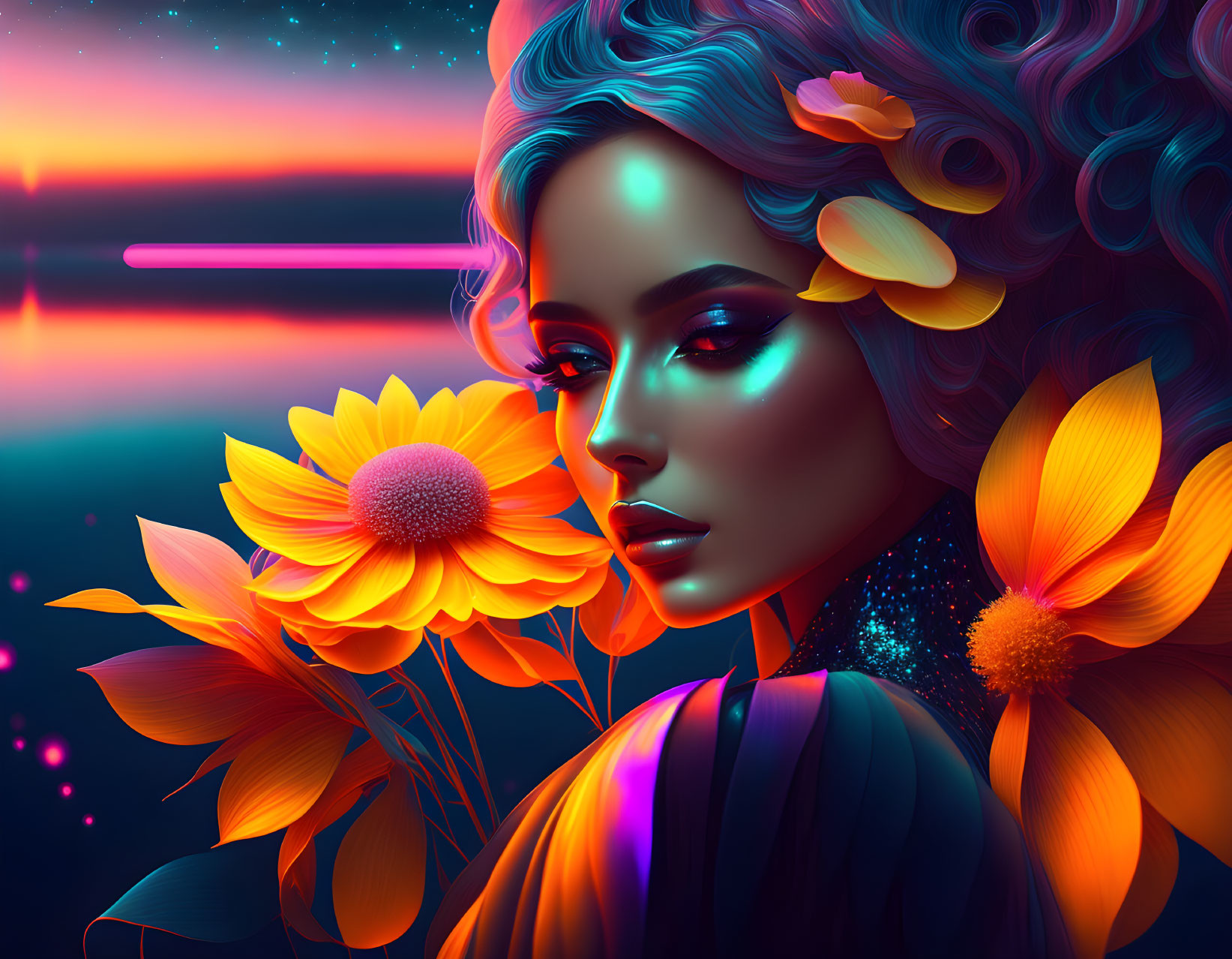 Colorful woman with flower hair, neon highlights, glowing sunflowers at sunset