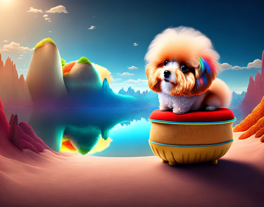 Fluffy dog on cushion in vibrant surreal landscape