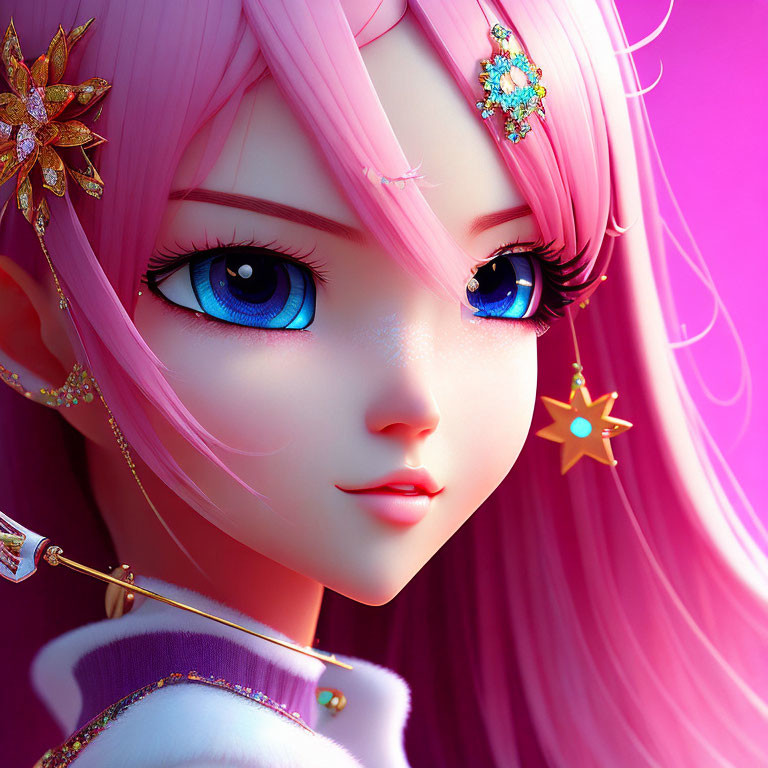 Character with Blue Eyes, Pink Hair, and Star Jewelry on Purple Background