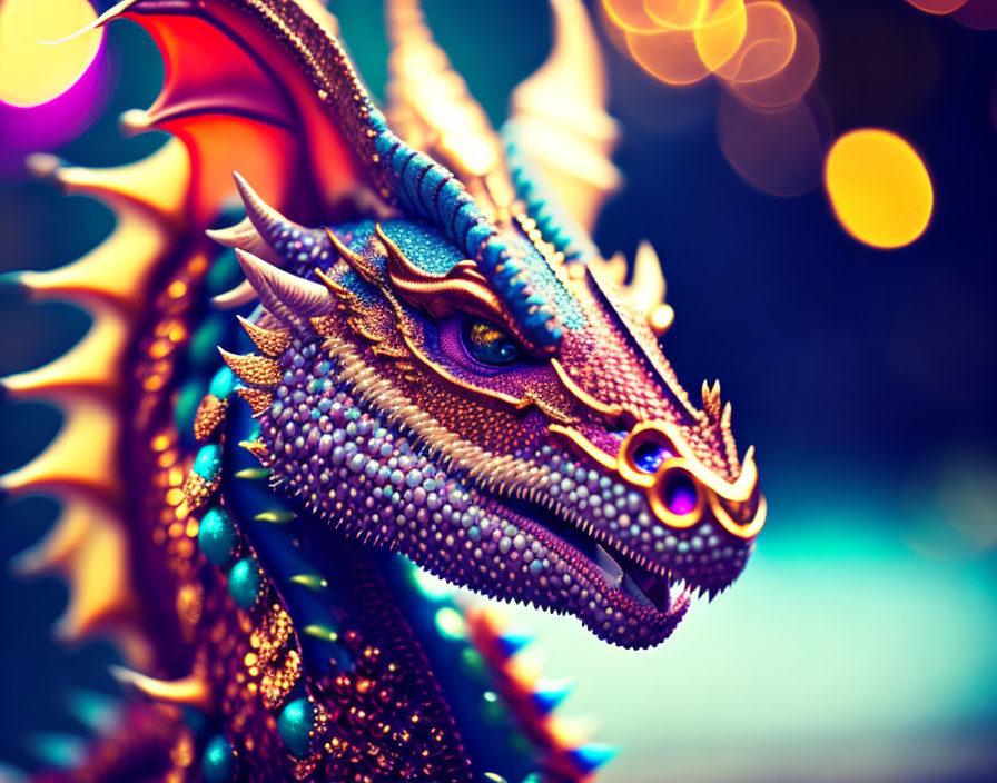 Vibrant dragon artwork with intricate scales and horns on bokeh background