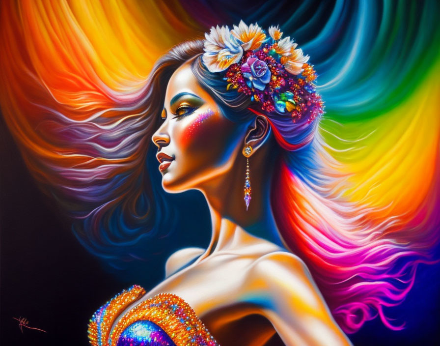 Colorful Abstract Portrait of Woman with Floral Hair Accessories and Jewelry