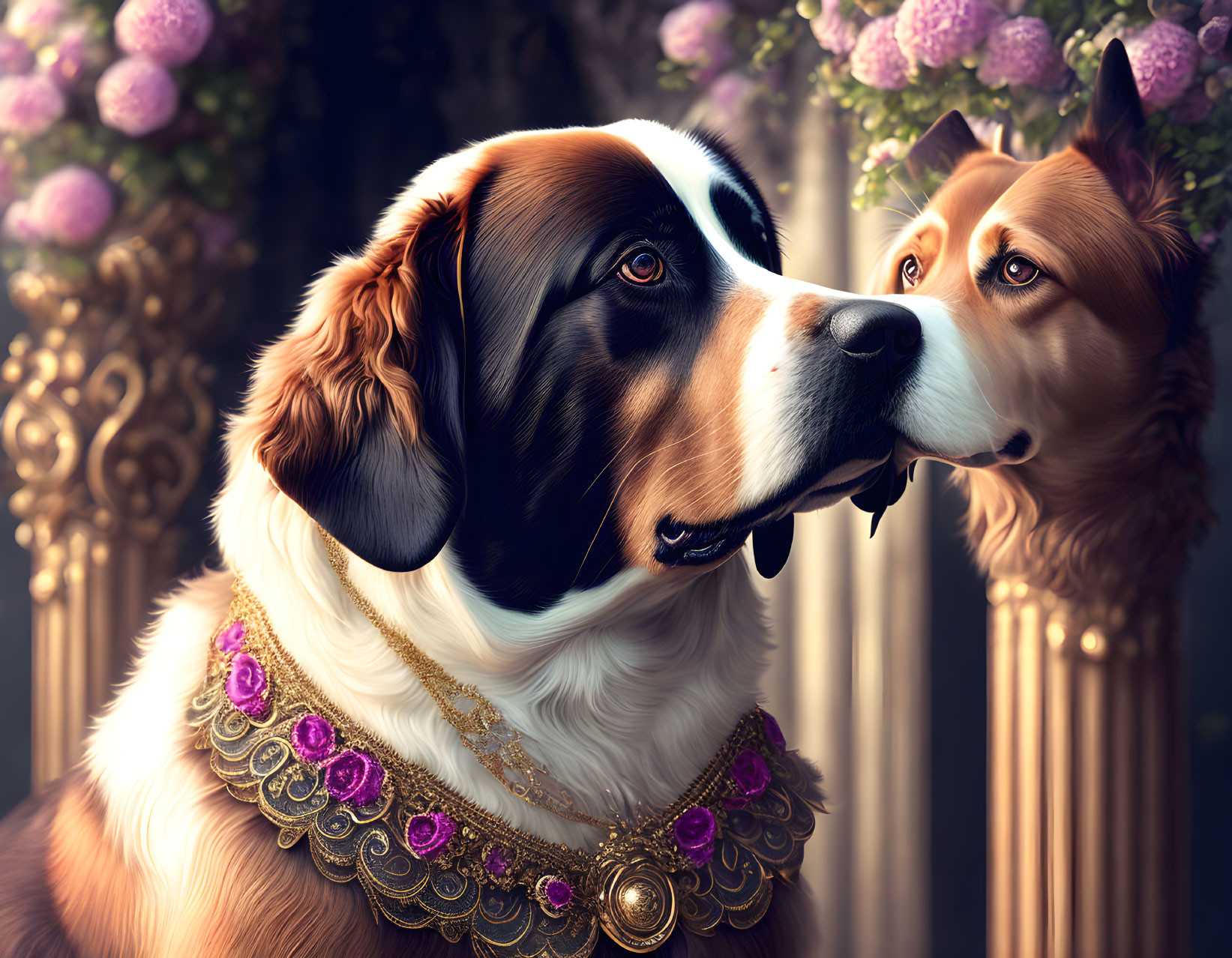 Two dogs in jewelry against floral background