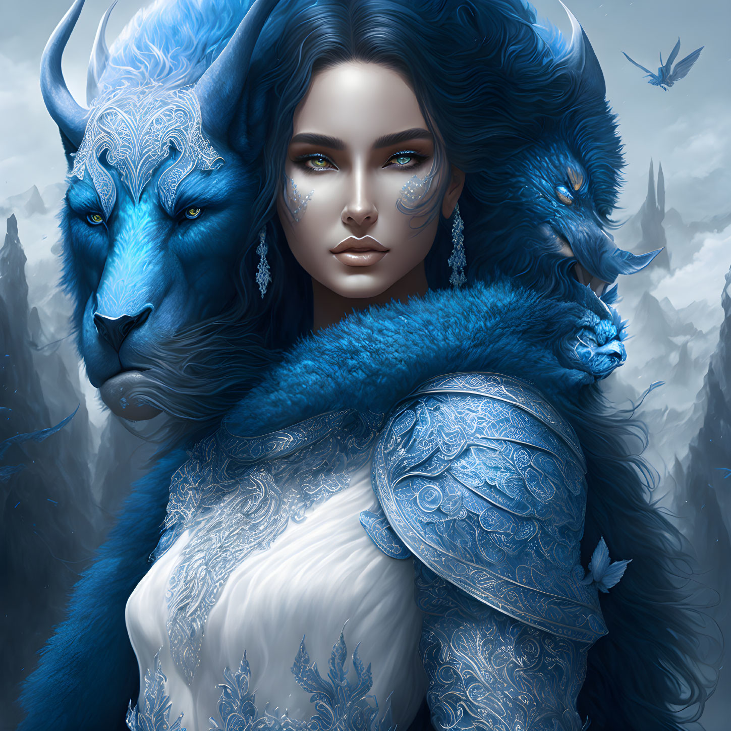 Fantastical image of woman in blue armor with blue hair and mystical lion creature