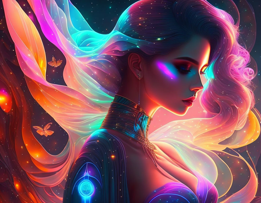 Colorful digital artwork of a woman with cosmic wings and flowing hair among stars