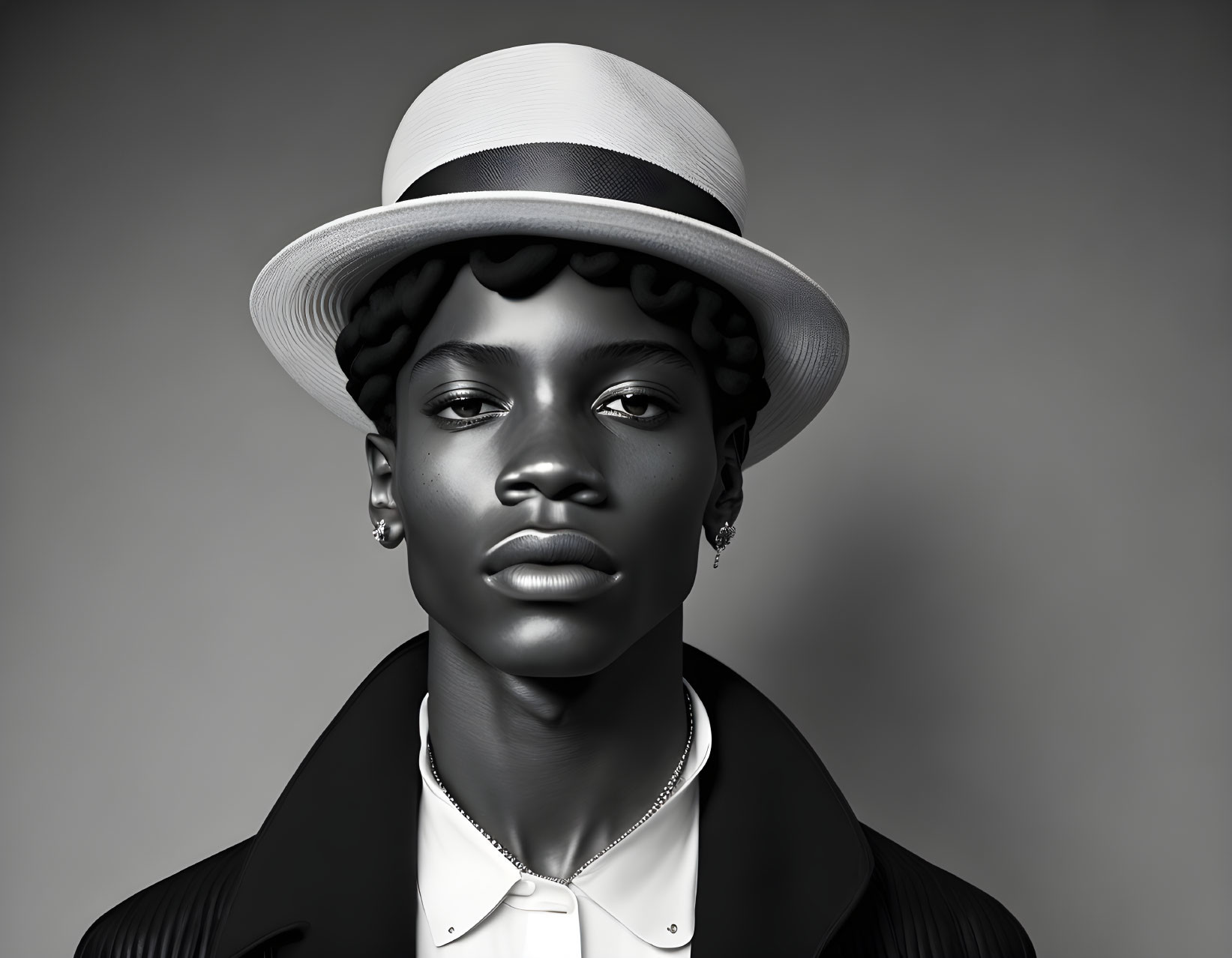 Stylish monochrome portrait of a confident young person in hat, earrings, and blazer