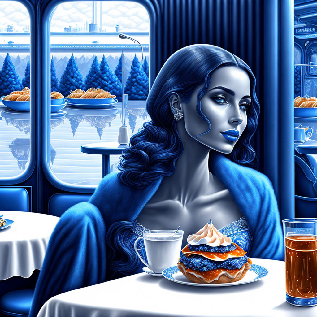 Detailed Blue-Toned Cafe Scene Illustration with Woman, Pastry, and Drink