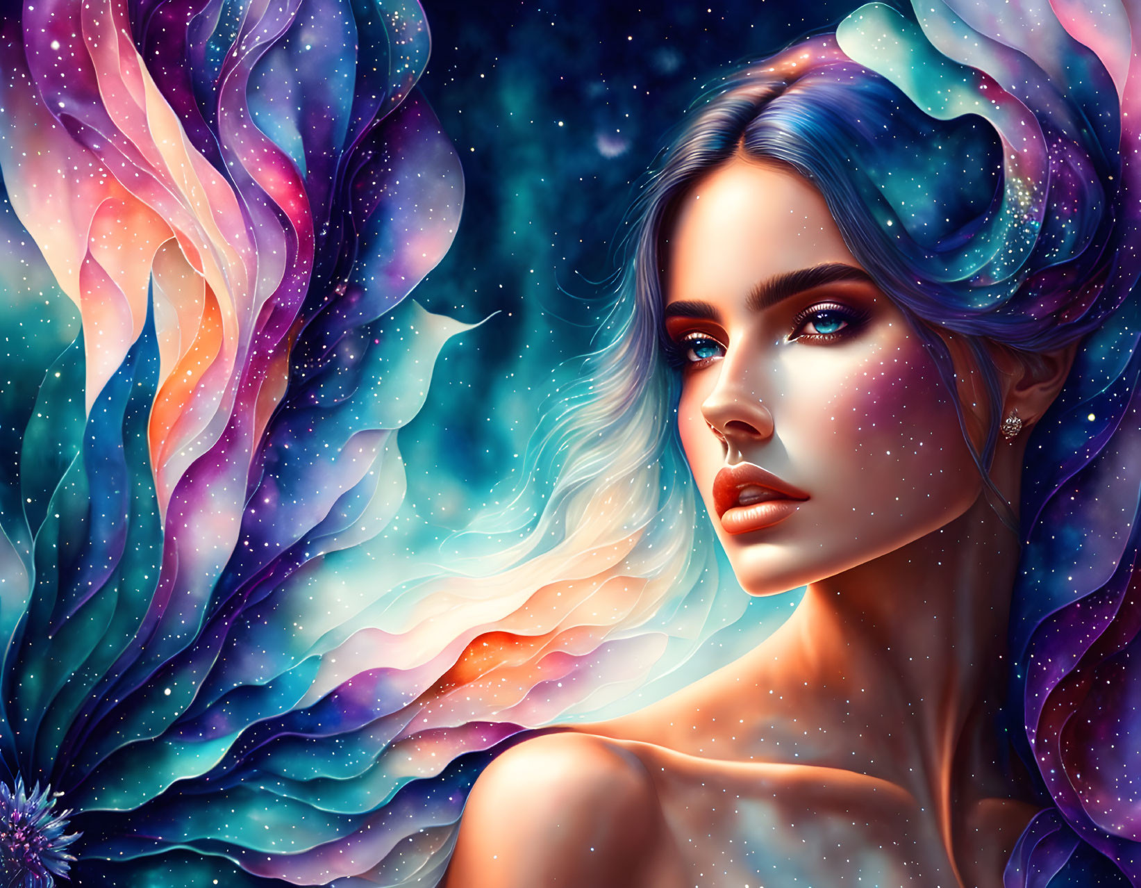 Vibrant woman's portrait with flowing hair in cosmic backdrop