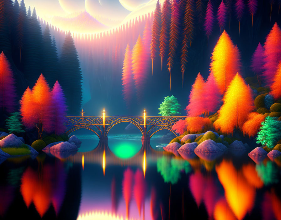 Vibrant Fantasy Landscape with Reflective River and Ornate Bridge