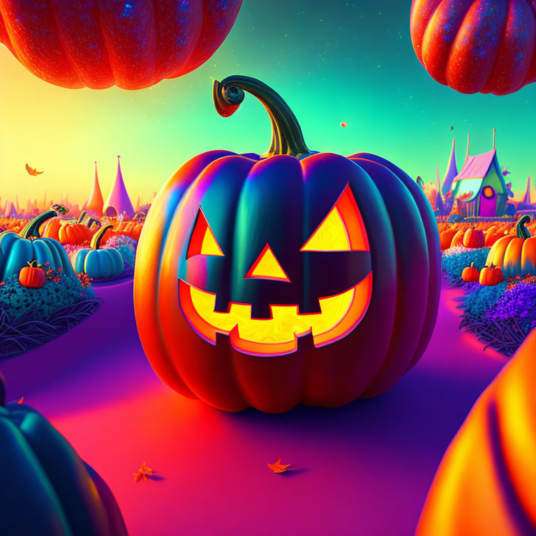 Vibrant Halloween image with glowing pumpkin, spooky castle, and purple sky