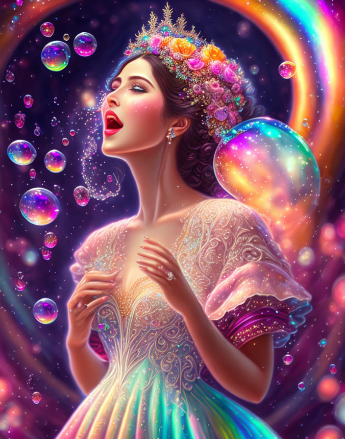 Woman in floral crown admires shimmering bubbles in cosmic scene