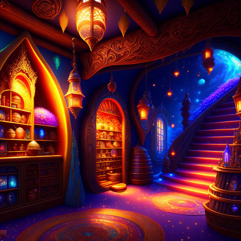 Fantastical interior with glowing lanterns and magical orbs under starry sky.