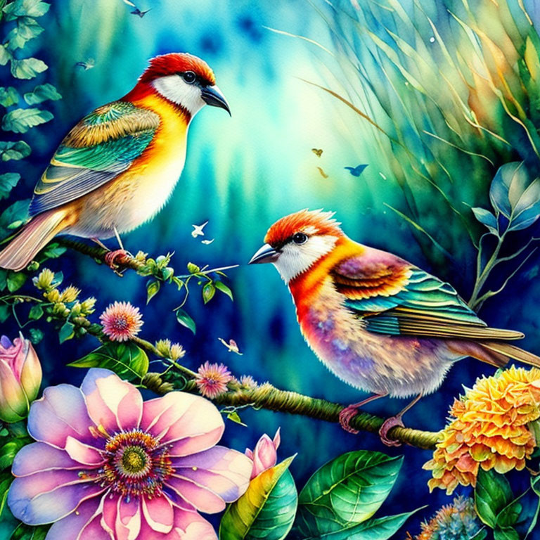 Colorful birds on flowering branch against vibrant blue background